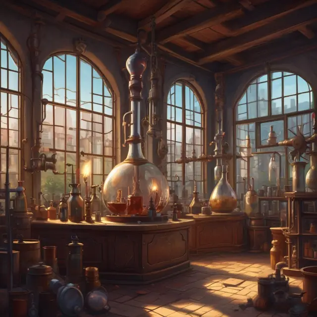Alchemist in a laboratory, separating crude oil into light ends (gasoline), middle distillates (diesel), and heavy ends (asphalt) through the refining distillation process