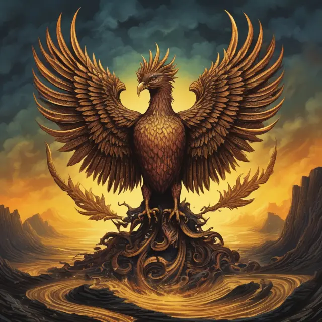A mythical phoenix arising from a vast ocean, representing OPEC and its influence on global oil markets