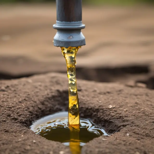 A fracking water tap releasing golden oil drops alongside fractures and cracks in the Earth, highlighting potential environmental risks
