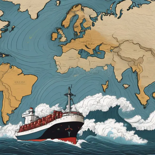 Oil tanker sailing on a sea of crude oil, with waves representing geopolitical events shaping the supply and demand dynamics