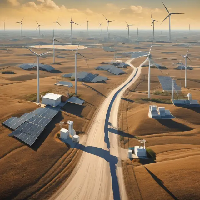 An image of a futuristic landscape featuring oil derricks, wind turbines, and solar panels, illustrating the changing role of crude oil in the face of renewable energy.