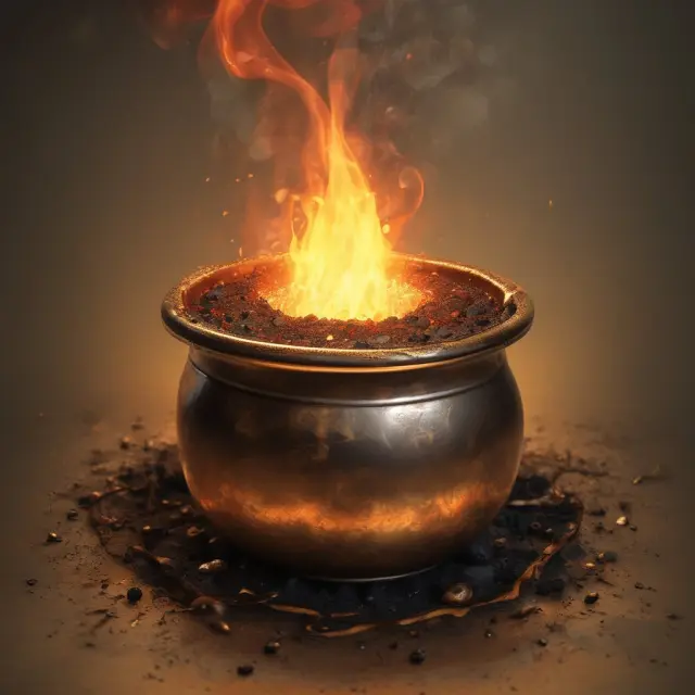 A golden crucible with swirling drops of crude oil and embers represents crude oil refining, FAQ section