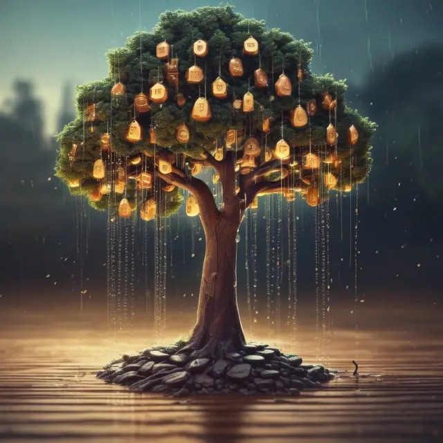 A digital rain of various tokens pouring onto a blockchain tree, illustrating frequently asked questions about crypto tokens