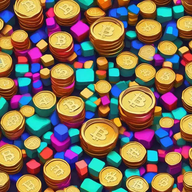 A golden Bitcoin coin resting atop a balance, surrounded by colorful crypto tokens
