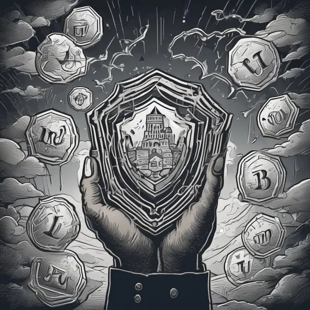 A person holding crypto tokens is protected by a shield as they navigate the stormy sea of regulatory issues and security risks.