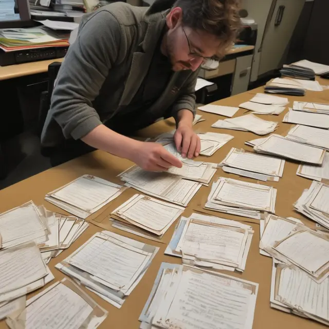 An investigator meticulously sifts through piles of crypto token papers to uncover team backgrounds, legitimacy, and project value for informed investment decisions.