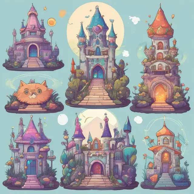 Decentralized tokens depicted as a castle (Bluzelle), metaverse real estate parcels (Decentraland), battlefield of NFT creatures (Axie Infinity), and a digital feline kingdom (Cryptokitties).