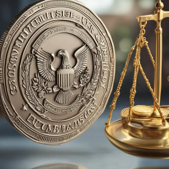 Justice Scales holding crypto tokens on a SEC seal, symbolizing legal balance and regulation