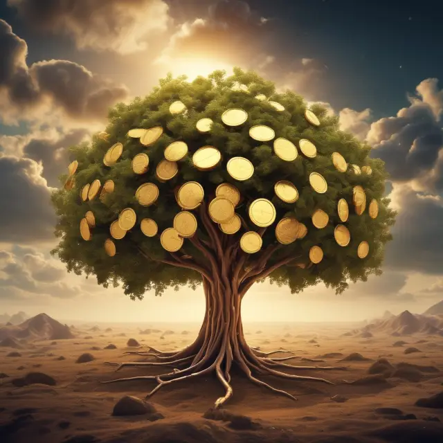 Decentralized tree blooming with gold coins, representing faster transactions, anonymity, and security in cryptocurrencies