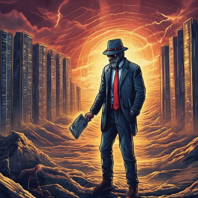 A stormy sea representing cryptocurrency price volatility, energy-consuming miners shown as power plants, and criminal activities symbolized by shady characters.