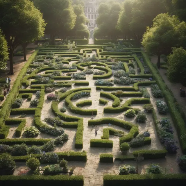 A labyrinth garden filled with colorful flowers representing the different types of cryptocurrencies: utility, transactional, governance, platform, and security tokens