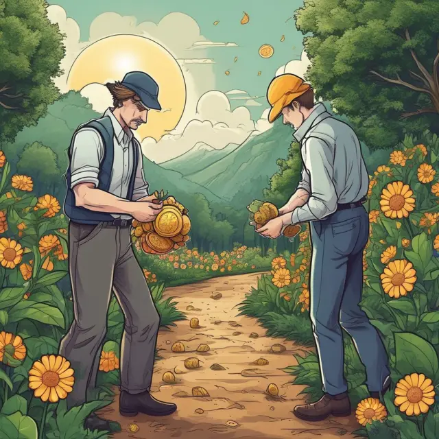 An image of a long-term investor nurturing various crypto plants representing different investment opportunities, while a short-term trader swiftly harvests flowers symbolizing quick profits.