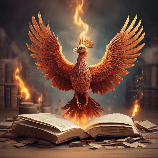 Image of a mythical phoenix emerging from a stack of books and undergoing a background check process, illustrating the rigorous requirements for becoming a Commodity Trading Advisor (CTA).