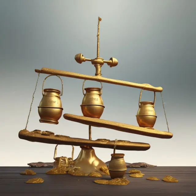 Gold and oil jugs on a seesaw depicting market fluctuations, emphasizing the risks of commodity trading