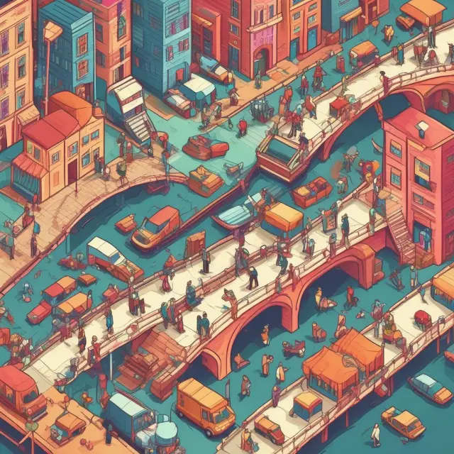An image of a vibrant, interconnected C2C marketplace where buyers and sellers transact using digital platforms