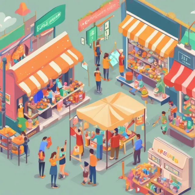 An image of a bustling marketplace with various sellers showcasing goods on C2C platforms, conveying growth and collaboration.
