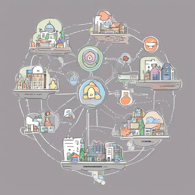 A vibrant scene showcasing three marketplaces - B2C, C2C, and P2P - with buyers, sellers, and a bridge as the intermediary platform connecting them.