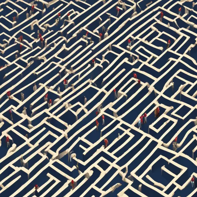 A complex maze symbolizing the challenges C2C businesses face navigating regulations, featuring intertwined seller-buyer paths and regulatory signposts.