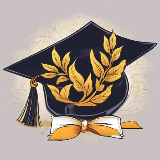 Golden student cap with laurel leaves and diploma, representing academic excellence and cum laude honor
