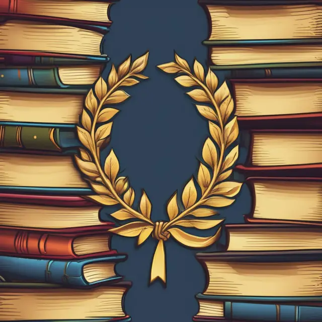 Golden laurel wreath on top of books, representing academic excellence and cum laude achievement.