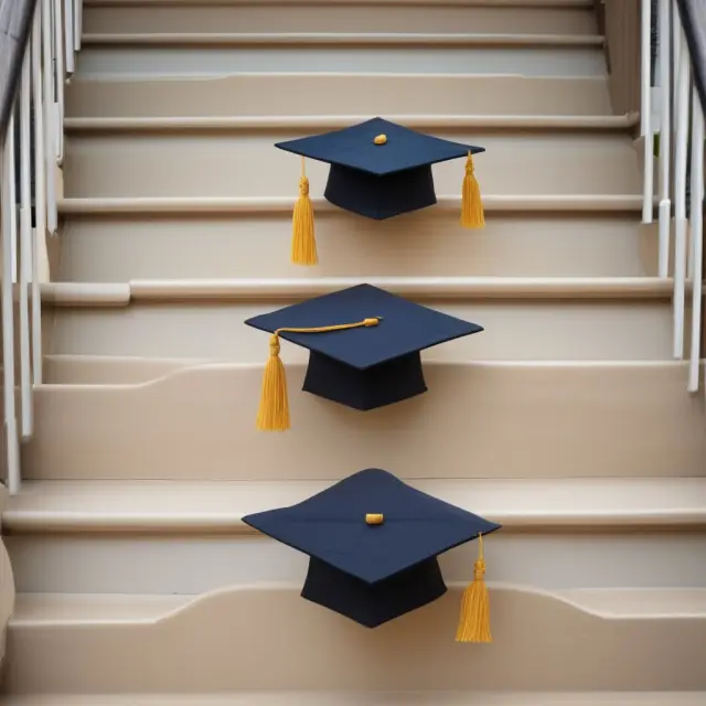 A visualization of three graduation caps stacked on a staircase, representing the academic honors of cum laude, magna cum laude, and summa cum laude.