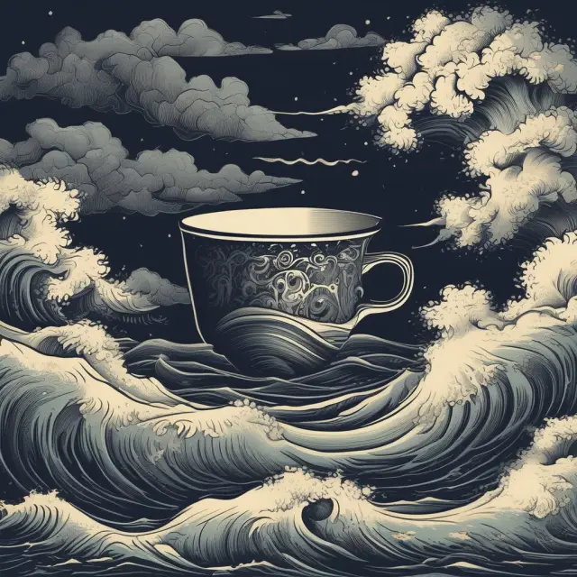 Ambiguous cup half-empty on stormy seas, representing false signals in Cup and Handle pattern. Combining with other indicators for accurate analysis.