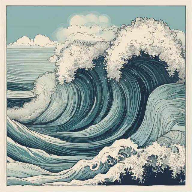 A serene seascape evolving into chaotic waters, representing the formation and confirmation of a bullish cup and handle pattern on a stock