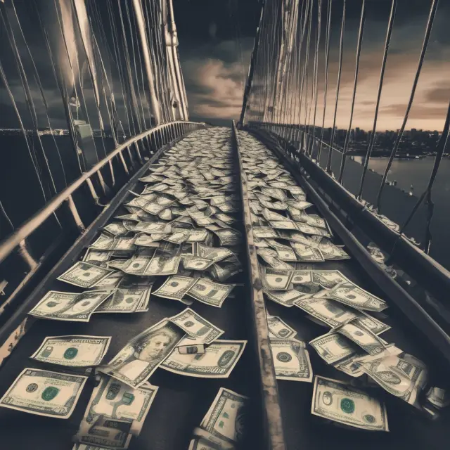 An elegant bridge connecting various currency symbols, illustrating the concept of currency pegging.