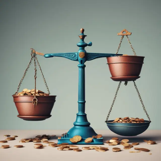 Visual metaphor of currency pegs and their impact on trade deficits: scales with coins symbolize fixed exchange rates, while an overflowing bucket represents potential imbalances.