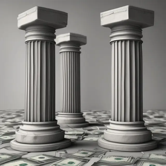 Image of sturdy columns representing various currencies, rooted and anchored to a large, steadfast U.S. Dollar symbol