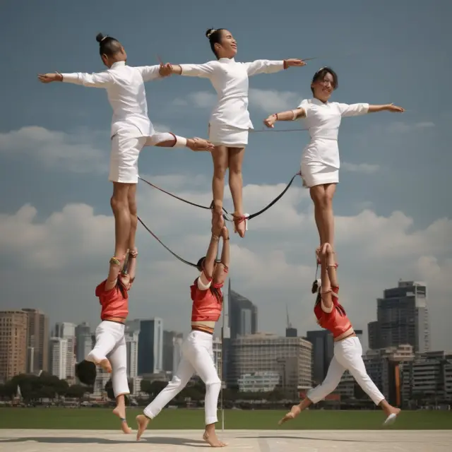 Thai baht dancers gracefully balancing on an elastic band representing soft peg currency arrangements during the Asian Financial Crisis