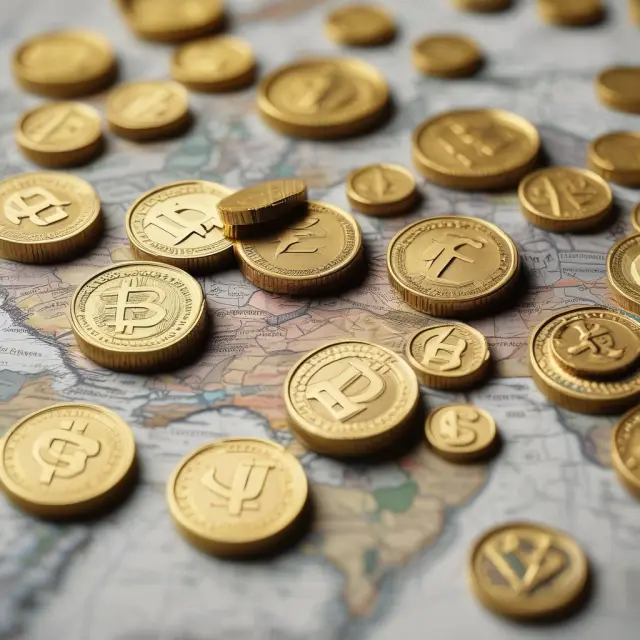 A golden map with coins representing USD and EUR anchoring countries