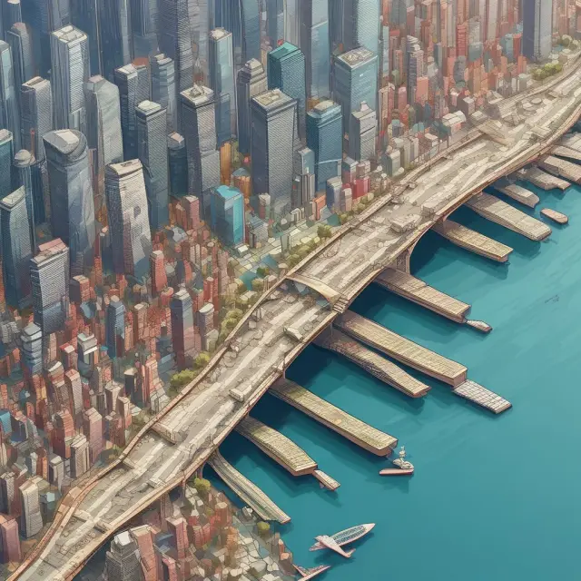 An image of a bridge formed by various currencies connecting to a thriving city, symbolizing the role of currency pegs in promoting international trade and economic growth