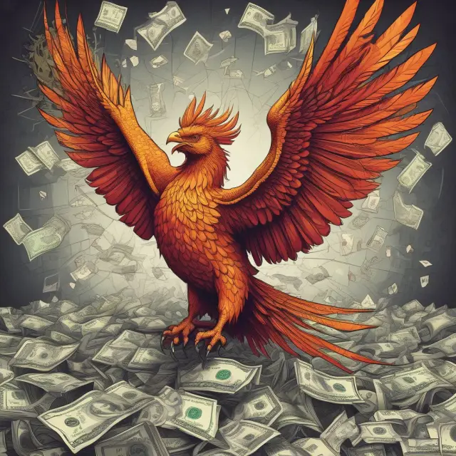 A mythical Phoenix rising above intricate currency charts, representing exchange rate fluctuations and transformation