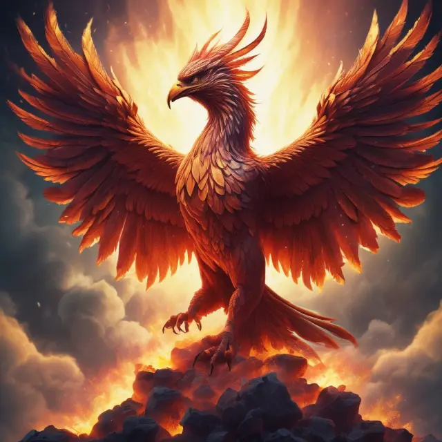 A mythical Phoenix bird emerging from flames, representing the emergence and growth of cryptocurrencies in the financial world.
