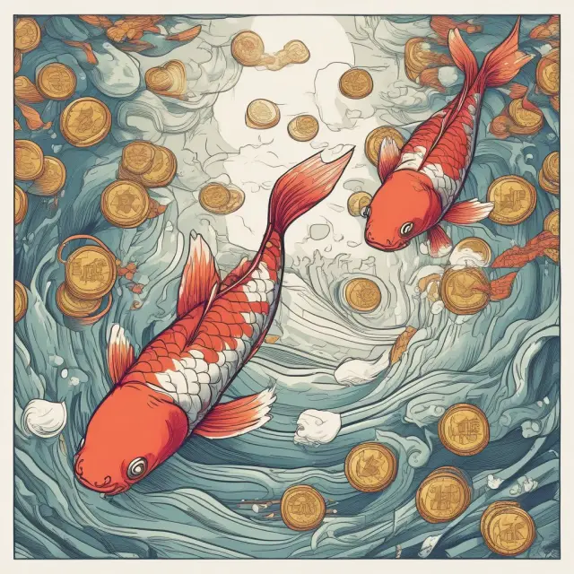High-yielding koi fish swim against a stream of low-yielding coins, representing currency carry trades in finance