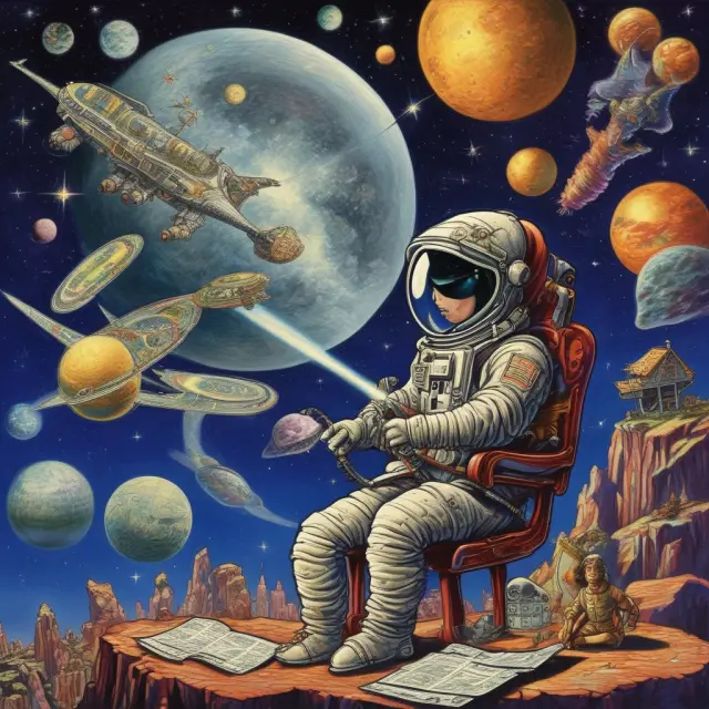 An intergalactic trader in a spaceship, manipulating AUD and JPY currencies on a holographic control panel