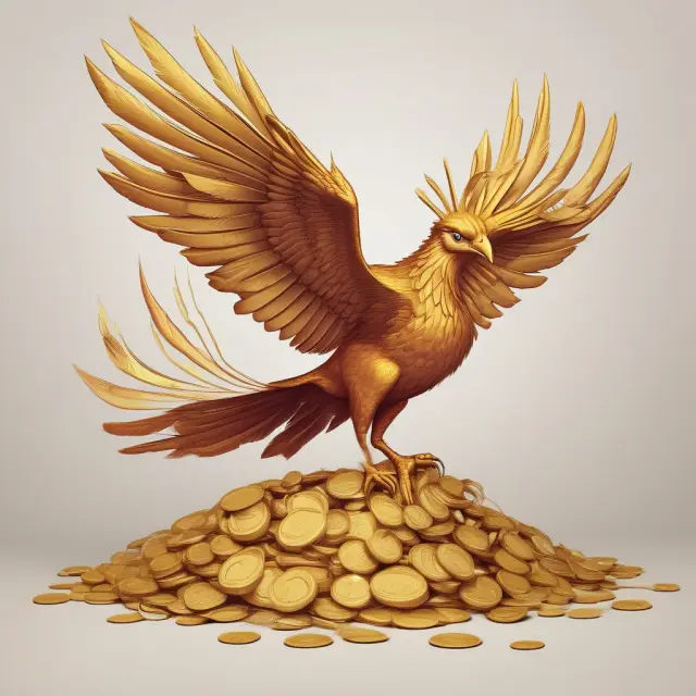 An emerging economy depicted as a phoenix with a nest full of golden coins representing the country