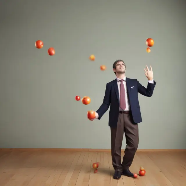 Person juggling short-term apples and long-term oranges, emphasizing managing current liabilities and long-term debt