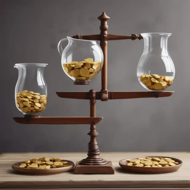 A scale balances with gold coins symbolizing current assets, while water jugs depict current liabilities to illustrate the calculation of the Current Ratio