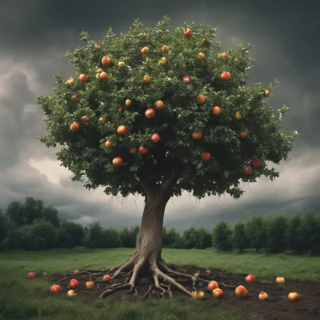 Apple tree symbolizing current assets, threatened by stormy rain representing liabilities