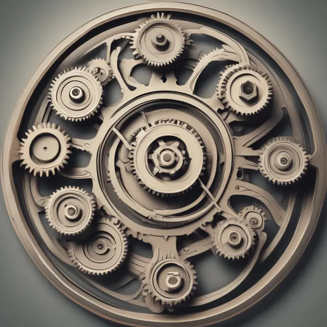 Nine gears interconnecting on a clock face illustrate the diverse sectors using CUSIP for unified securities identification and processing