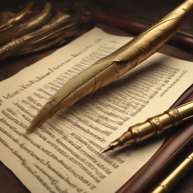 Golden quill writes CUSIP numbers on a scroll, representing financial market history and securities identification