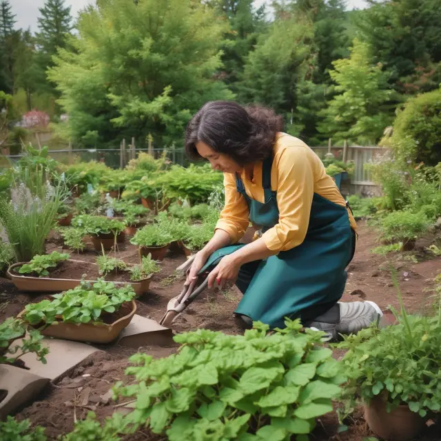 A parent or guardian cultivating a lush garden representing a custodial account, using tools for transaction tracking, record keeping, and managing beneficiary changes.