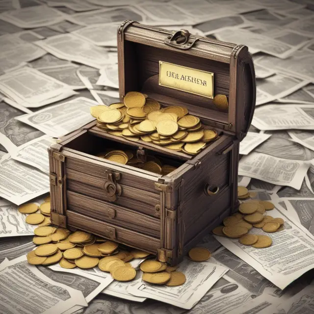 Golden coins symbolizing custodial account earnings in a treasure chest amidst a sea of tax documents