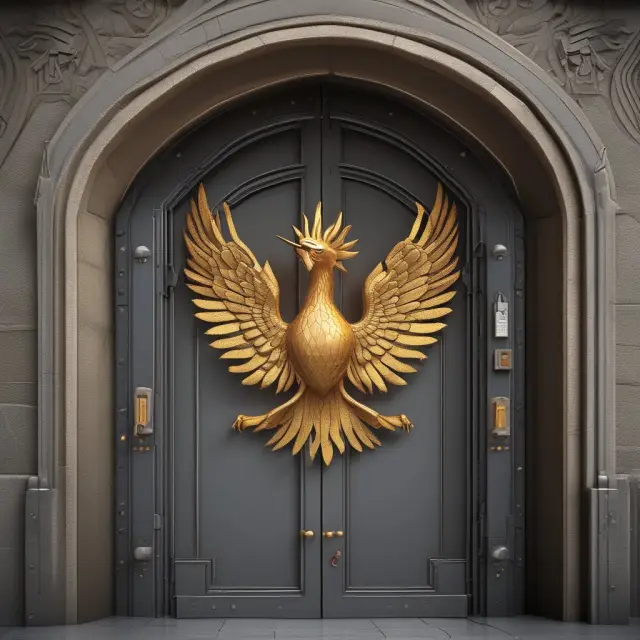 A fiery phoenix guarding a secure bank vault, emphasizing the safety and protection of investments through custodian banks