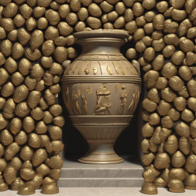 A large amphora overflowing with golden coins safeguarded by a group of professional and protective custodian banks