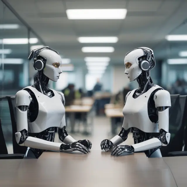 A scene of a human and robot collaborating in a call center setting, symbolizing the balance between empathetic human interaction and AI