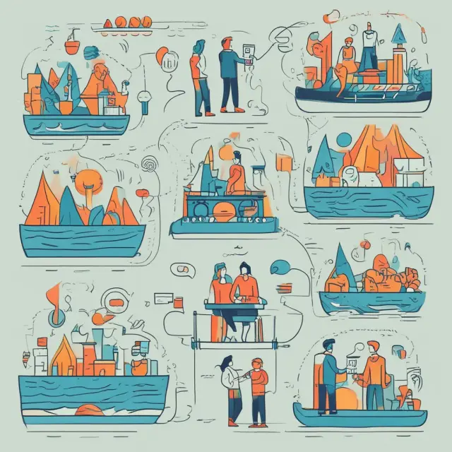 A dynamic, flowing river representing consumers, with demographic research depicted as rocks and currents, psychographic research as leaves and bubbles, and market trends as eddies and whirlpools