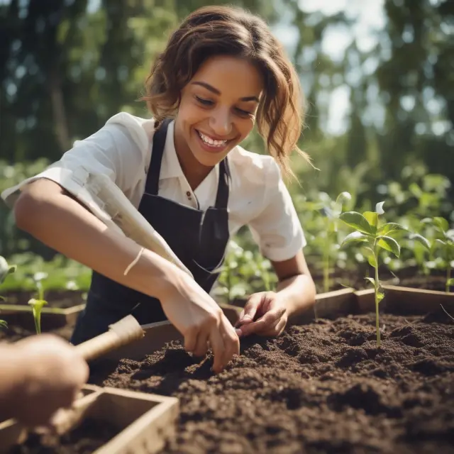 An image of a smiling customer sowing seeds in a garden, representing the power of positive experiences in fostering loyalty and long-term business growth